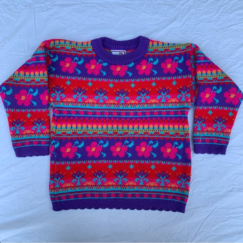 Vintage Girls Kids Plaid Moose Fair Isle Floral Sweater
